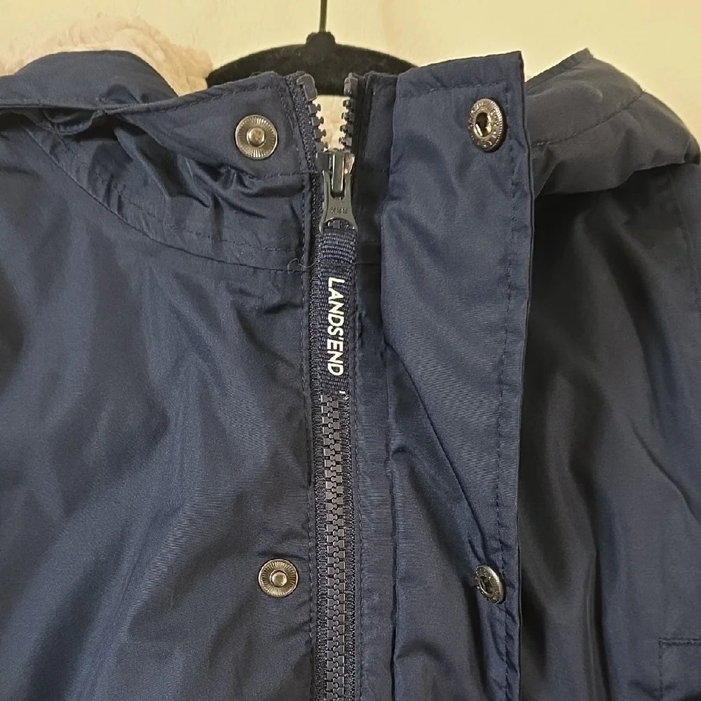 Lands' End - Unisex's Kids Large, Expedition Down Parka Navy Blue Hooded Sherpa